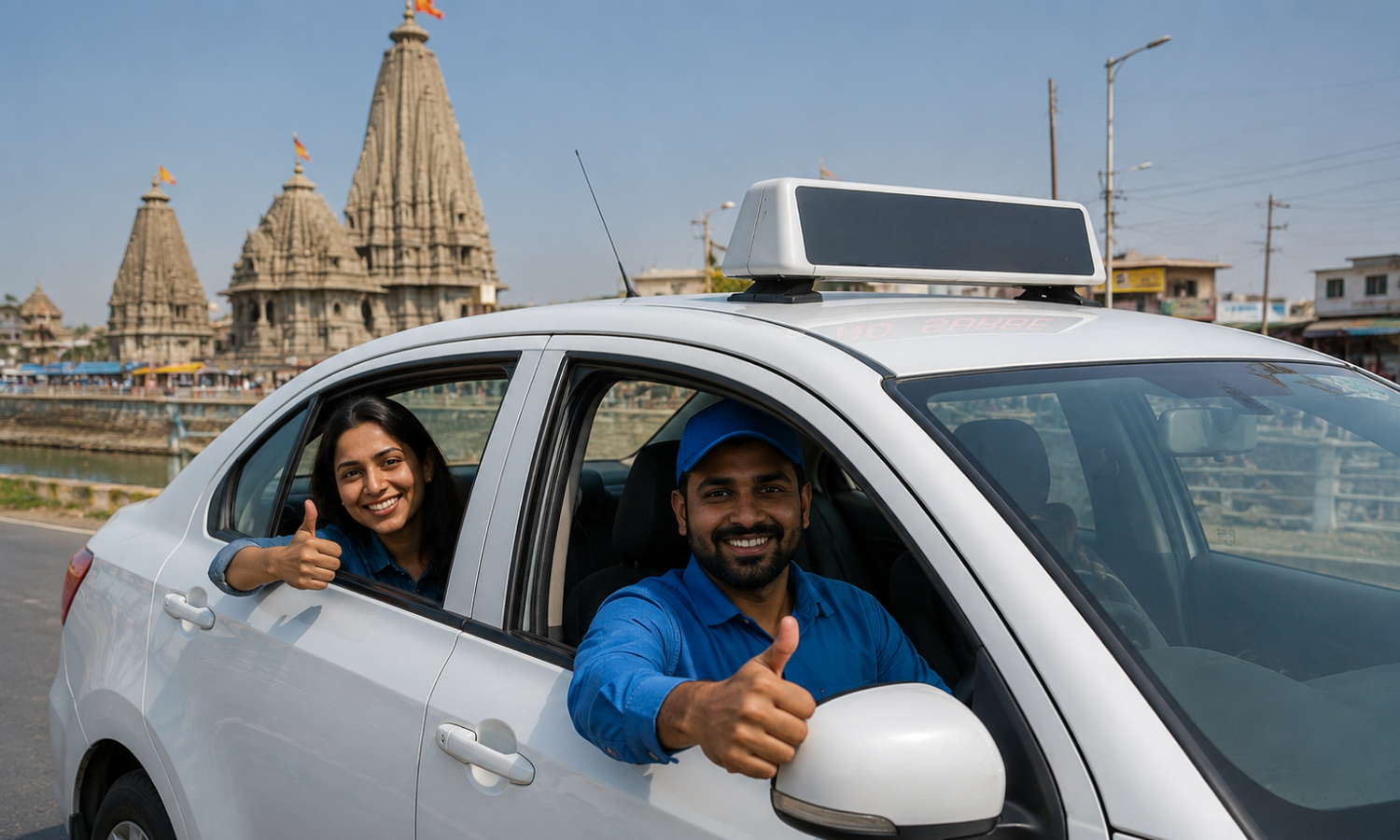 Kanaiya Cab driver with passengers near a Gujarat temple — Jamnagar taxi service